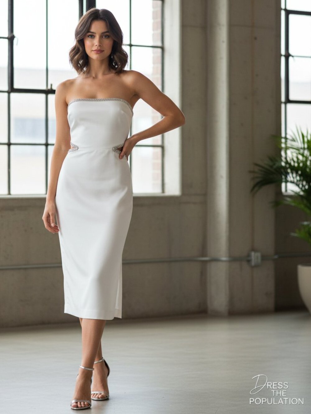 Dress the Population Ari Rhinestone Strapless Dress White Med Bridal Party